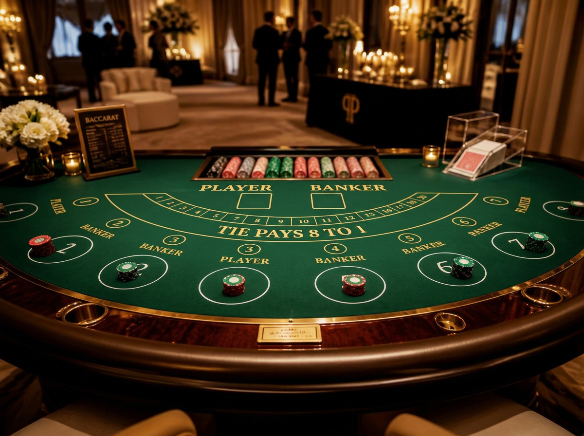 Luxury baccarat table with green felt, player and banker markings, chips and cards