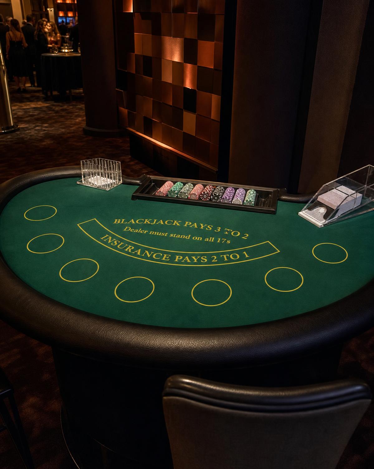 Regulation casino blackjack table with green felt, betting circles, chip tray and card shoe