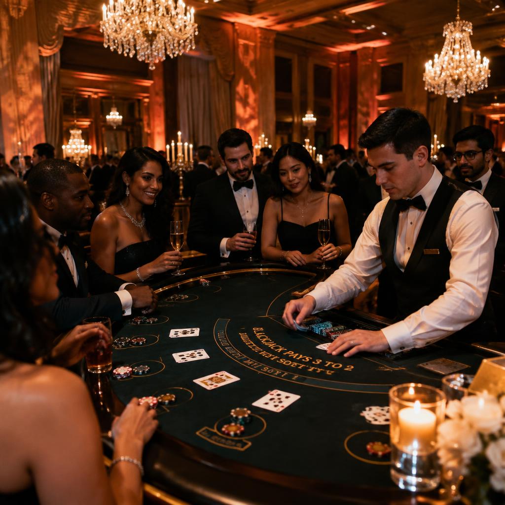 Professional dealer dealing blackjack to black-tie guests at a chandelier-lit gala