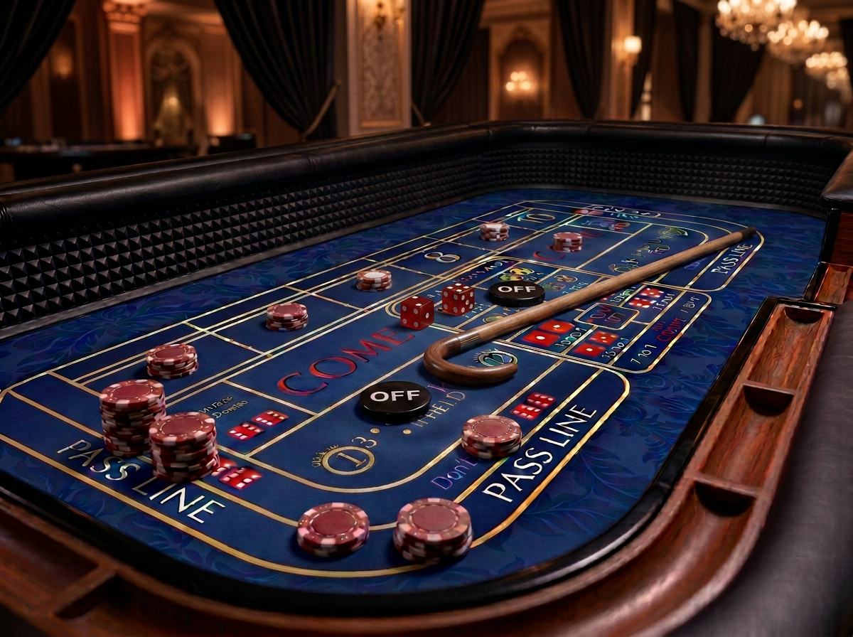 Craps table with dice mid-roll and stacked chips