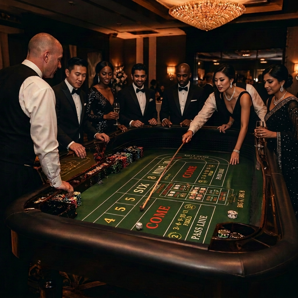 Craps table with dice mid-roll and stacked chips