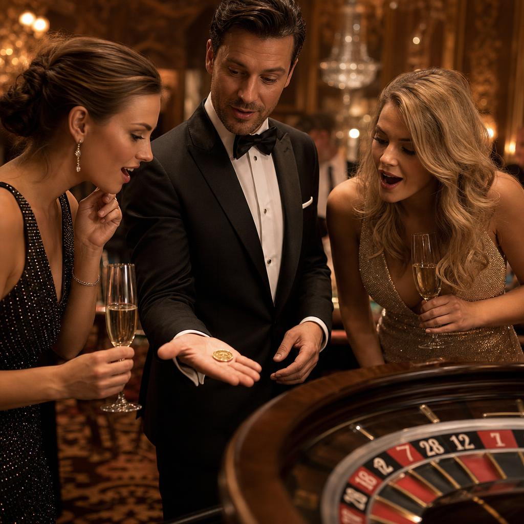 Walk-around magician performing a coin trick at a roulette table with guests