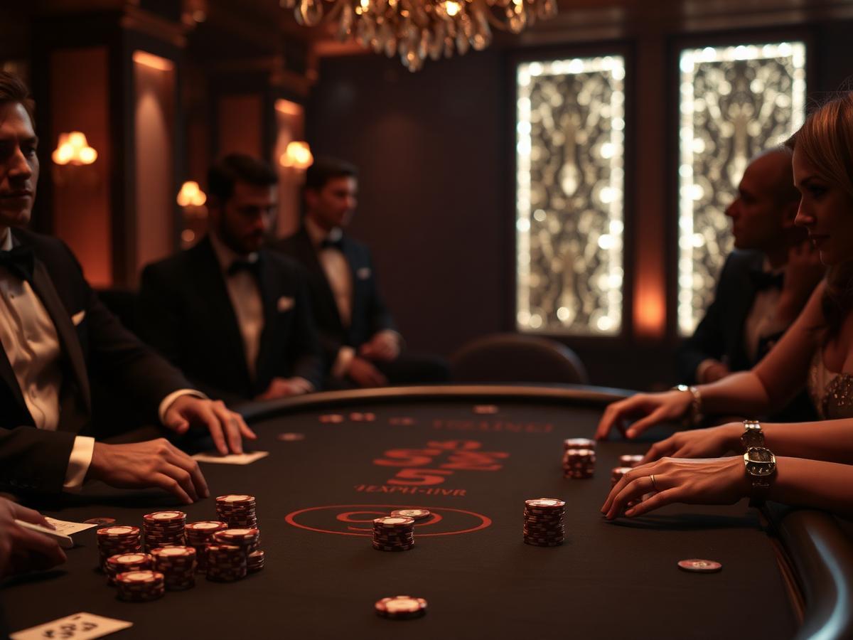 Black-tie guests around a poker table with chips and cards