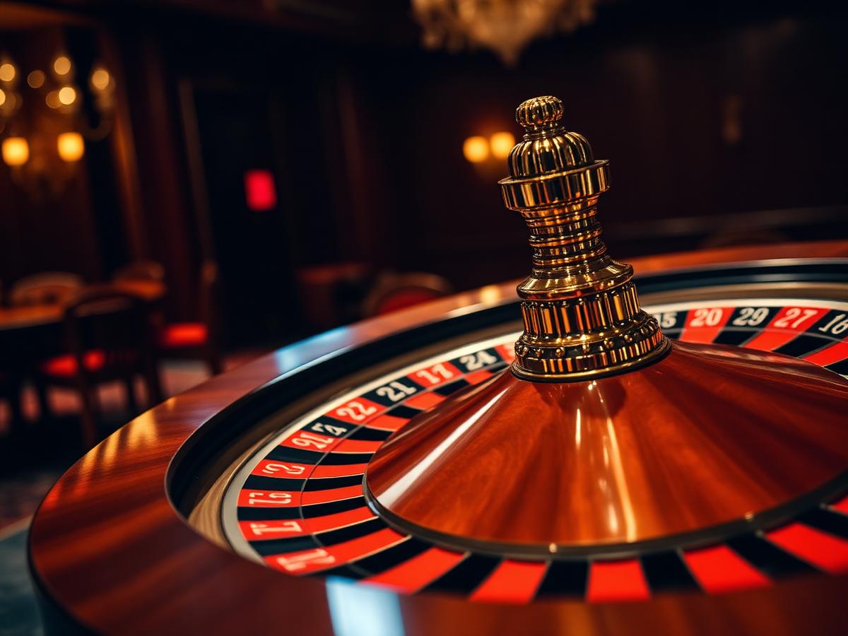 Polished roulette wheel in a dark ballroom
