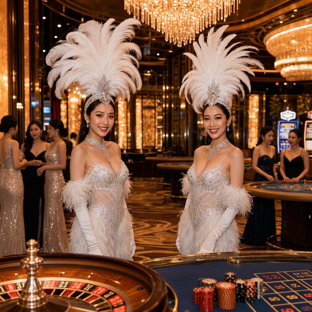 Two Vietnamese showgirls posing with guests at a roulette table in white feathered headdresses
